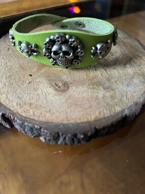 Green Leather Skull Bracelet